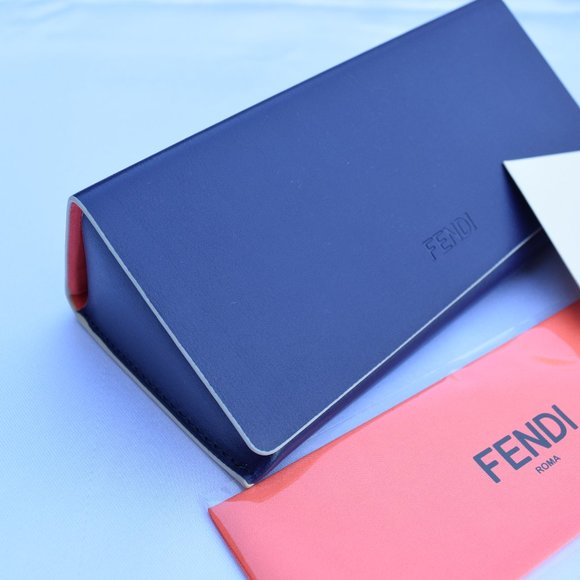 Fendi Sunglasses Case, Large Blue Leather Triangle Hard Case, Coral Cloth, Wide - Picture 3 of 11